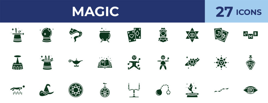 filled magic icons set - smoke, tarot, voodoo doll, handkerchief. editable vector for web and mobile ui