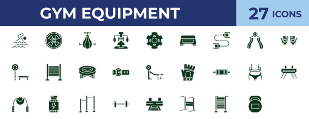 filled gym equipment icons set - punching ball, hand grip, fitness bench, swedish wall. editable vector for web and mobile ui © IconArt