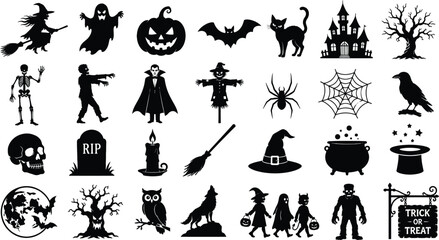Fototapeta premium Halloween Silhouettes Collection Black Shapes On White Background