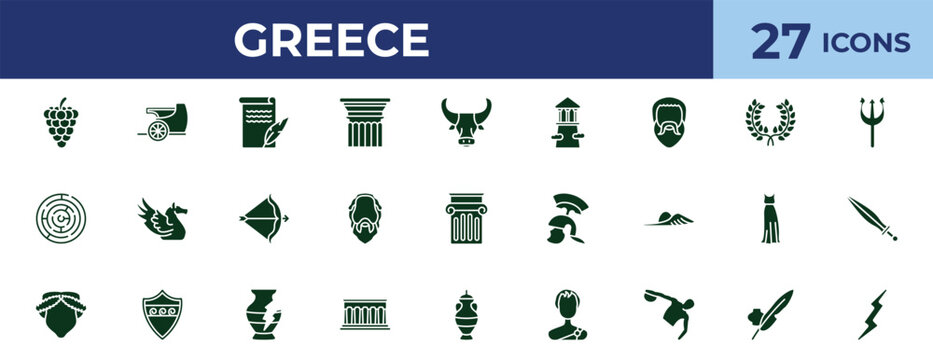 filled greece icons set - letter quill, laurel, armor, ink and quill. editable vector for web and mobile ui