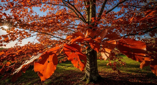 Copper beech tree leaves glowing vibrant red under a clear bright summer sky
