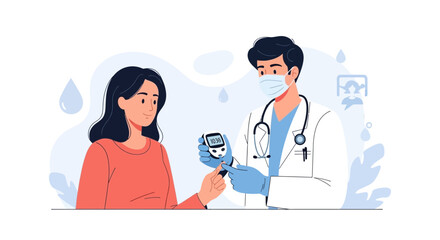 Obraz premium Doctor checking blood glucose level with glucometer for patient, diabetes screening and healthcare concept illustration