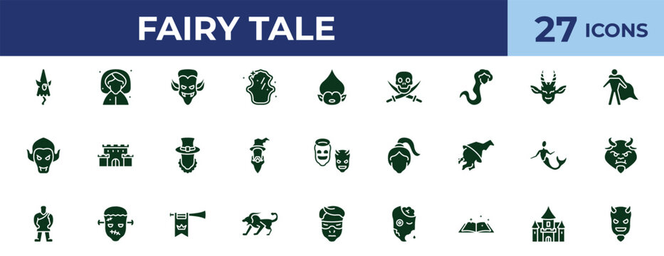 filled fairy tale icons set - dracula, faun, damsel, palace. editable vector for web and mobile ui