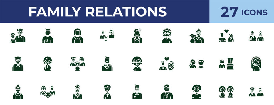 filled family relations icons set - mother, girlfriend, spouse, twin. editable vector for web and mobile ui