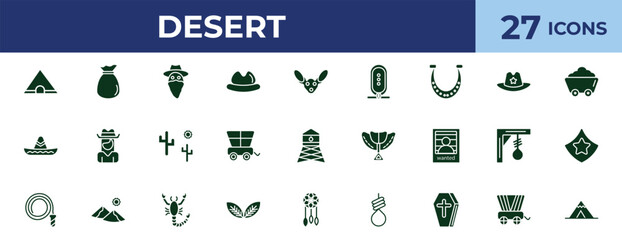 filled desert icons set - outlaw, sheriff hat, saddle, wild west cart. editable vector for web and mobile ui © IconArt