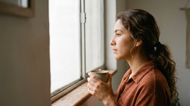 Generative AI, Thoughtful woman looking out the window while holding a coffee mug at home