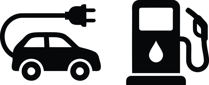 Electric vehicle charging versus conventional fuel station pump icons with electric charging transport transportation comparison automotive technology gasoline sustainable