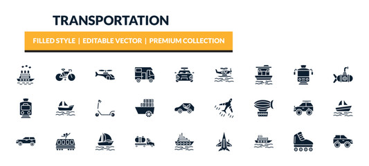 filled transportation icons set - icebreaker ship, vintage bicycle, helicopter profile, houseboat. editable vector for web and mobile ui © IconArt