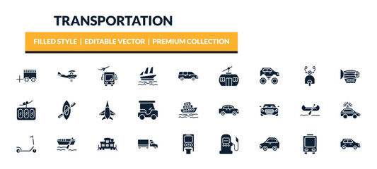 filled transportation icons set - oxcart, crop duster, airport shuttle, monster truck. editable vector for web and mobile ui © IconArt