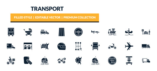 Obraz premium filled transport icons set - public transportation, pram, loaded truck side view, fishing boat. editable vector for web and mobile ui