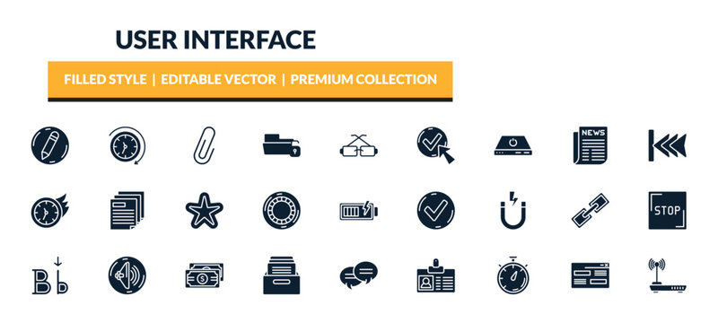 filled user interface icons set - edit button, anti clockwise, shaped paper clip, tiny power. editable vector for web and mobile ui