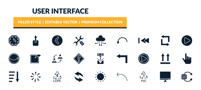 filled user interface icons set - corner widget, export button, round left button, rewind. editable vector for web and mobile ui