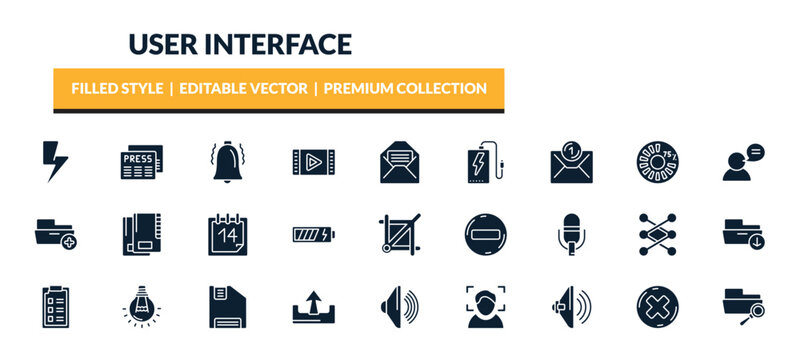 filled user interface icons set - lightning flash, news report, alarm button, new email envelope. editable vector for web and mobile ui