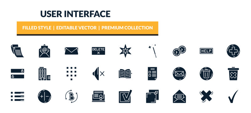 filled user interface icons set - written paper, email evelope, letter envelope, hours. editable vector for web and mobile ui