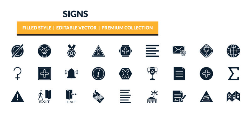 filled signs icons set - empty, radioactive, class reward, mail. editable vector for web and mobile ui