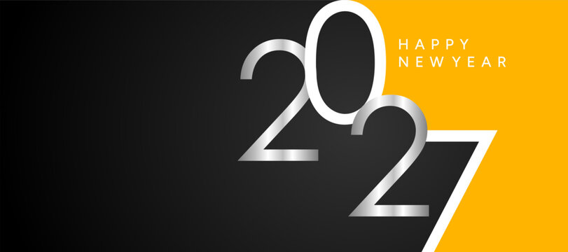 Happy New Year 2027 modern typography banner with silver numbers on black and yellow background