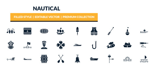 filled nautical icons set - aqualung, sea package, rubber raft, oars. editable vector for web and mobile ui © IconArt