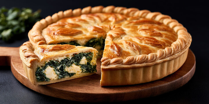 Savory pie filled with spinach, ricotta cheese, and eggs named Pascualina on dark background