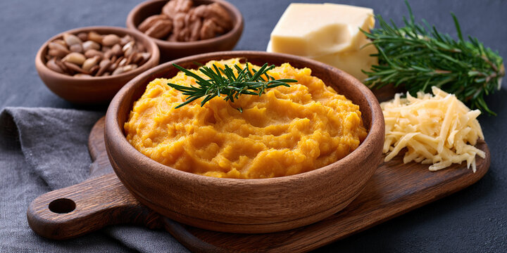 A creamy mashed pumpkin with cheese named Kiveve on the table