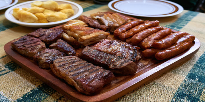 Grilled beef, pork, and sausages cooked over charcoal named Asado Paraguayo on the table