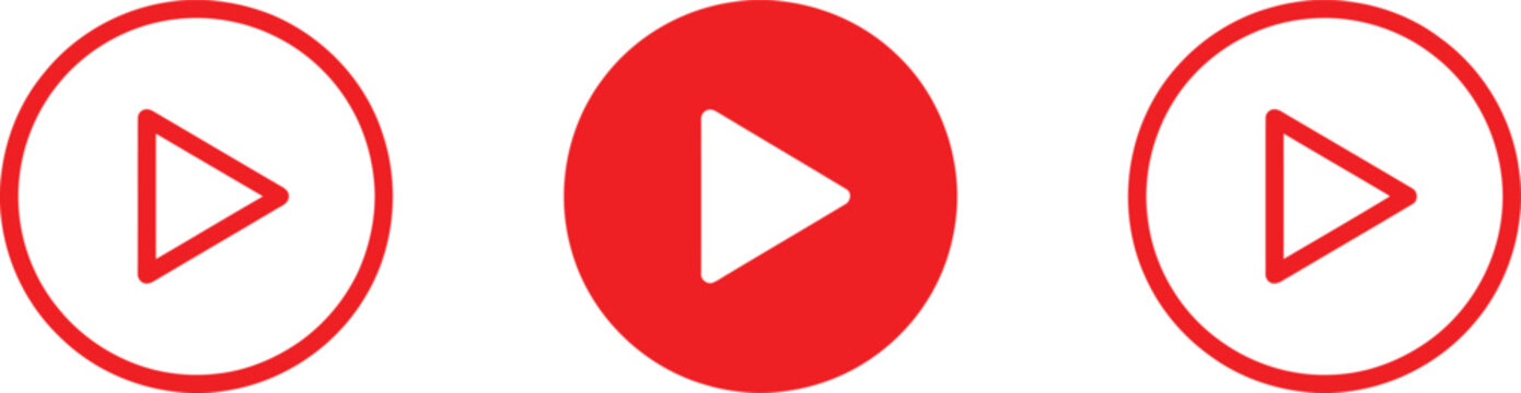 Set of play button icons in red and white colors for media interface and player design elements with interface multimedia application software streaming navigation collection