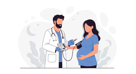 Obraz premium Doctor checks pregnant woman's blood pressure with digital monitor, healthcare concept