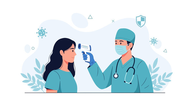 Doctor checks temperature with infrared thermometer, healthcare screening, pandemic prevention, medical illustration