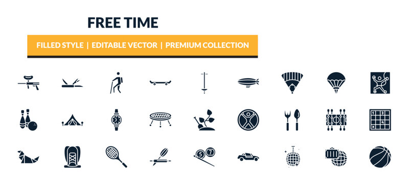 filled free time icons set - paintball, multitool, trekking, baseball field. editable vector for web and mobile ui