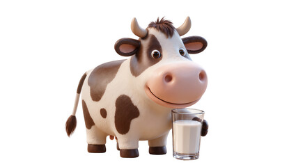 Isolated happy cartoon brown and white dairy cow holding a glass of fresh milk and smiling