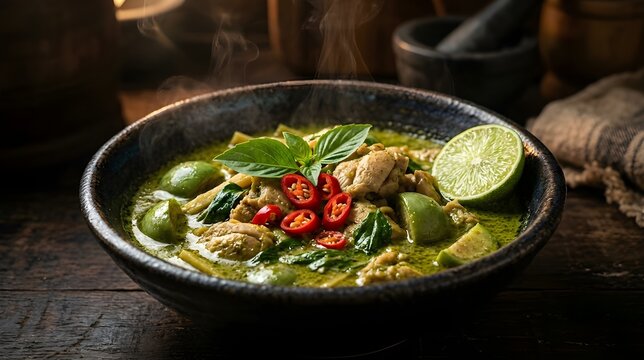 Hidangan Kari Hijau Thailand Hangat Berasap dengan Ayam dan Sayuran