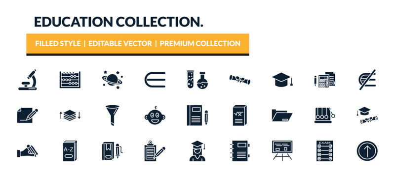 filled education collection. icons set - biology microscope, abcus, planet saturn, graduate cap. editable vector for web and mobile ui