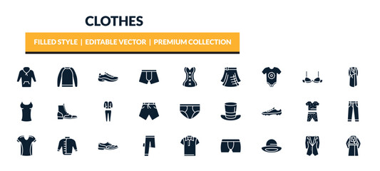 filled clothes icons set - fleece, sweatshirt, sneaker, baby grow. editable vector for web and mobile ui © IconArt