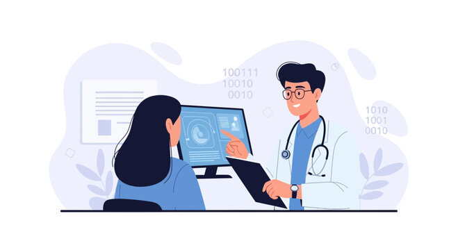 Doctor consulting patient with digital health data on computer screen, binary code background