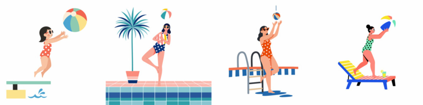 Set of colorful illustrations featuring women and a girl enjoying summer activities by a swimming pool with beach balls and sun loungers.