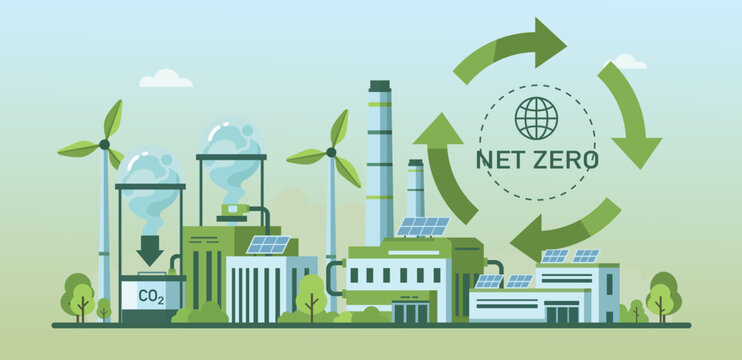 Net zero carbon capture industrial plant with renewable energy, wind turbines, solar panels, and sustainable clean technology for carbon reduction.