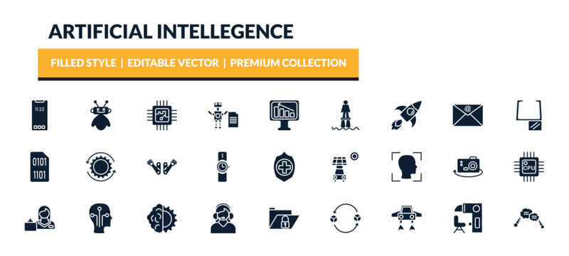 filled artificial intellegence icons set - smartphone, robot assistant, chip, rocket. editable vector for web and mobile ui