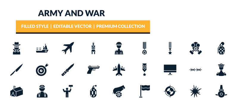 filled army and war icons set - secret agent, ship, airplane, militaty medal. editable vector for web and mobile ui