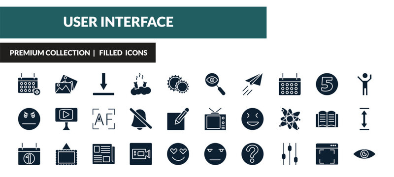 filled user interface icons set - add event, image variant, bottom, angry smile. editable vector for web and mobile ui