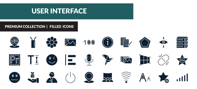 filled user interface icons set - tracking, wiring, image of a flower, premier. editable vector for web and mobile ui