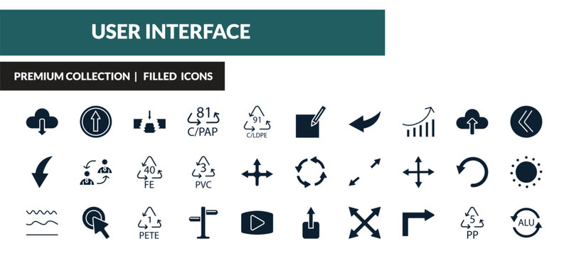 filled user interface icons set - download data, key up, gap, curve arrow. editable vector for web and mobile ui