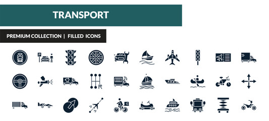 Obraz premium filled transport icons set - tram stop label, parking men, semaphore, steering. editable vector for web and mobile ui