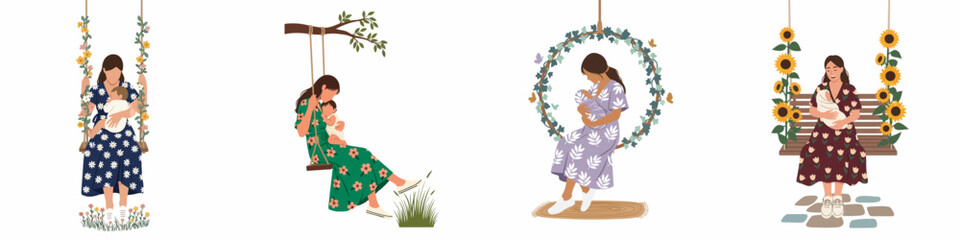 Set of illustrations depicting mothers holding their infants while sitting on various decorative swings adorned with beautiful flowers and greenery.