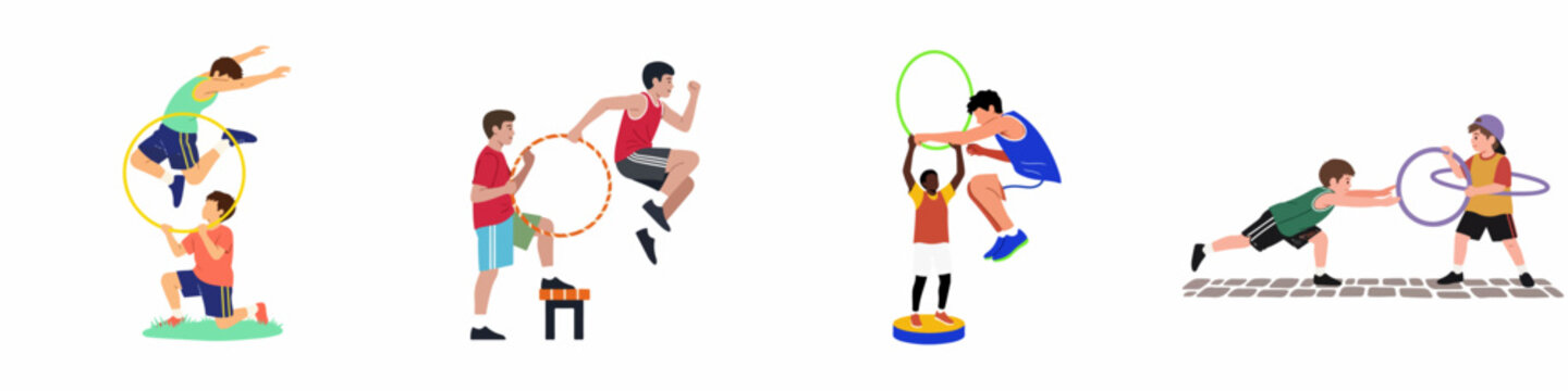 Flat vector illustration set of active boys jumping through hula hoops and playing outdoor games, promoting physical activity and teamwork.