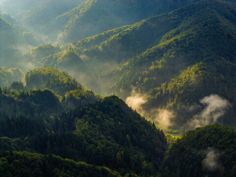 Aerial view of the forested hills of Jamnik, with soft morning mist clinging to the slopes and golden sunlight filtering through the trees in Jamnik, Kranj, Slovenia.