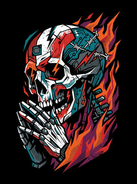 Colorful skull with praying hands and fiery background illustration