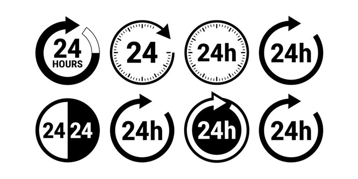 Black 24 hours service and support icon collection isolated on transparent background