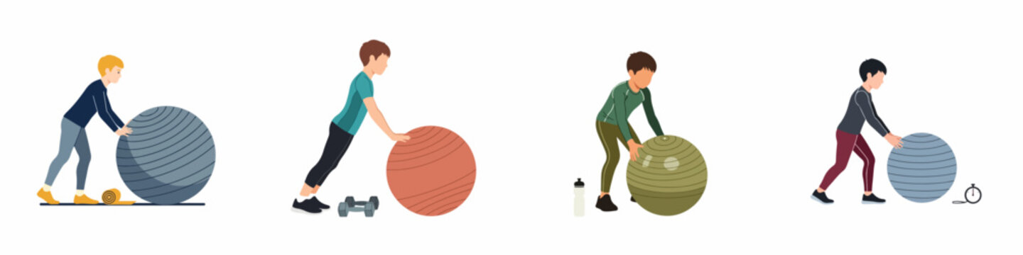 Set of diverse boys performing various exercises using fitness balls, including planking and core training, in a flat illustration style.