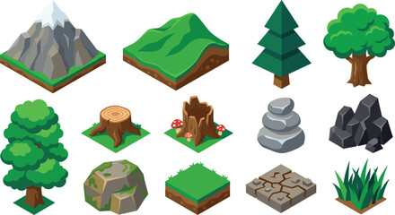 Isometric Game Environment and Landscape Vector Asset Set with Mountains, Hills, Trees, Stumps, Rocks, and Grass Tiles for Level Design © Ismail