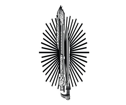 Traditional Dayak Mandau Sword Vector Illustration with Intricate Tribal Engraving and Radiating Sunburst Ornament