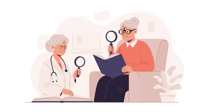 Doctor examines elderly woman reading with magnifying glass, healthcare, education, vision check concept